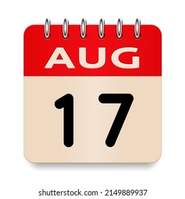 17 day of the month. August. Flip old formal calendar. 3d daily icon. Date. Week Sunday, Monday, Tuesday, Wednesday, Thursday, Friday, Saturday. Cut paper. White background. Vector illustration.