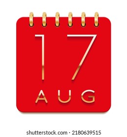 17 day of the month. August. Luxury calendar daily icon. Date day week Sunday, Monday, Tuesday, Wednesday, Thursday, Friday, Saturday. Gold text. Red paper. Vector illustration.