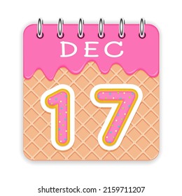 17 días de un mes. Diciembre. Calendario de cono de gofre con helado derretido. Icono de 3d diario. Fecha. Semana Domingo, Lunes, Martes, Miércoles, Jueves, Viernes, Sábado. Ilustración del vector de fondo blanco