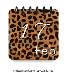 17 day of the month. February. Leopard print calendar daily icon. White letters. Date day week Sunday, Monday, Tuesday, Wednesday, Thursday, Friday, Saturday.  White background. Vector illustration.