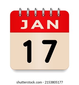 17 day of the month. January. Flip old formal calendar. 3d daily icon. Date. Week Sunday, Monday, Tuesday, Wednesday, Thursday, Friday, Saturday. Cut paper. White background. Vector illustration.