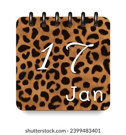 17 day of the month. January. Leopard print calendar daily icon. White letters. Date day week Sunday, Monday, Tuesday, Wednesday, Thursday, Friday, Saturday.  White background. Vector illustration.
