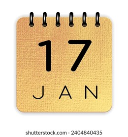 17 day of the month. January. Luxury gold calendar daily icon. Date day week Sunday, Monday, Tuesday, Wednesday, Thursday, Friday, Saturday.