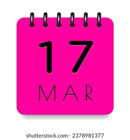 17 day of the month. March. Pink calendar daily icon. Black letters. Date day week Sunday, Monday, Tuesday, Wednesday, Thursday, Friday, Saturday. Cut paper. White background. Vector illustration.