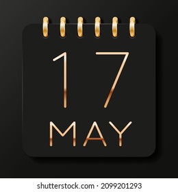 17 day of the month. May. Luxury calendar daily icon. Date day week Sunday, Monday, Tuesday, Wednesday, Thursday, Friday, Saturday. Gold text. Black background. Vector illustration.