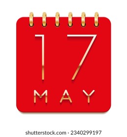 17 day of the month. May. Luxury calendar daily icon. Date day week Sunday, Monday, Tuesday, Wednesday, Thursday, Friday, Saturday. Gold text. Red paper. Vector illustration