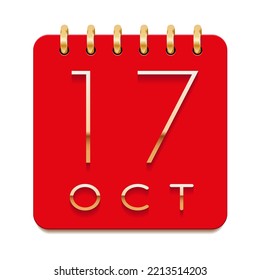 17 day of the month. October. Luxury calendar daily icon. Date day week Sunday, Monday, Tuesday, Wednesday, Thursday, Friday, Saturday. Gold text. Red paper. Vector illustration.