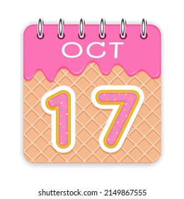 17 day of a month. October. Waffle cone calendar with melted ice cream. 3d daily icon. Date. Week Sunday, Monday, Tuesday, Wednesday, Thursday, Friday, Saturday. White background Vector illustration
