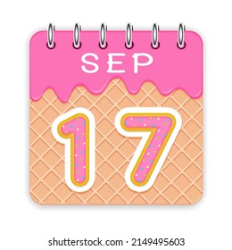 17 day of a month. September. Waffle cone calendar with melted ice cream. 3d daily icon. Date. Week Sunday, Monday, Tuesday, Wednesday, Thursday, Friday, Saturday. White background Vector illustration
