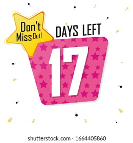 17 días para la venta, etiqueta de cuenta regresiva, oferta inicial, plantilla de diseño de banner de descuento, no se pierda, icono de aplicación, ilustración vectorial