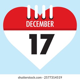 17 December calendar icon red heart shape on light sky blue color background, calendar vector symbol for the month of December.