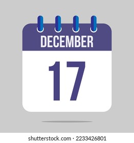 17 december calendar vector. Calendar icon for december with marked date. Design for schedules, meetings and appointments