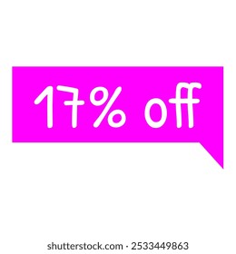 17% tag desconto, magenta e texto branco. Promoções de marketing, vendas no varejo. Marca de oferta simples. Etiqueta minimalista. Dezessete por cento