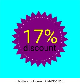 17% discount tag. Purple and yellow label. Store promotions, online commerce sales. Seventeen percent off.