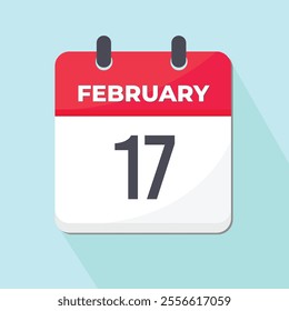 17 February Calendar Icon 3 dimension style red and white with light blue background. Special day.