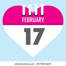 17 February calendar icon heart shape on light sky blue color background, calendar vector symbol for the month of February.