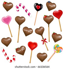 17 Heart Shape Lollipops, Isolated On White Background, Vector Illustration