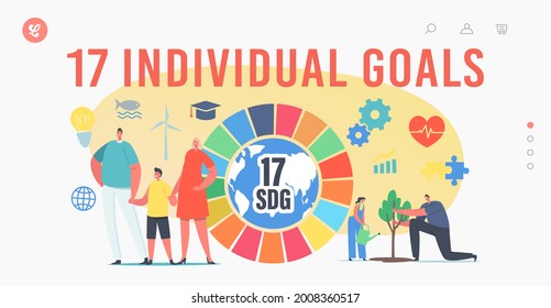 17 Individual Goals, Sustainable Development Landing Page Template. People Use Green Energy, Saving Planet, Growing Plants. Tiny Characters at Huge SDG Colorful Wheel. Cartoon Vector Illustration