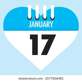 17 January calendar icon sky blue heart shape on light sky blue color background, calendar vector symbol for the month of January.