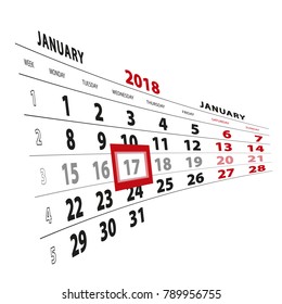 17 January highlighted on calendar 2018. Week starts from Monday. Vector Illustration.