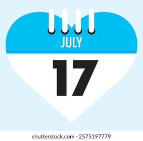 17 July calendar icon sky blue heart shape on light sky blue color background, calendar vector symbol for the month of July.