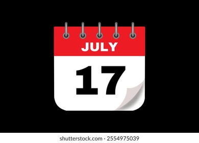 17 July calendar icon text page monthly web design on red, white and black background vector, icon, or illustration with the month of July 17