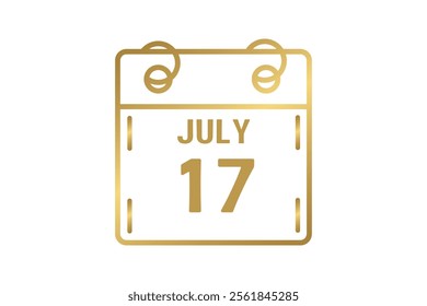 17 July calendar icon text page monthly web design on golden and white background vector, icon, or illustration with the month of July 17