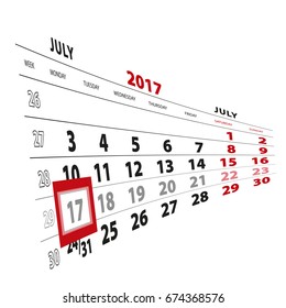 17 July highlighted on calendar 2017. Week starts from Monday. Vector Illustration.