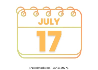 17 julho mês vetor dia único, ilustração, calendário com laranja, amarelo, marrom e branco ícone de calendário de fundo de cor de julho 17