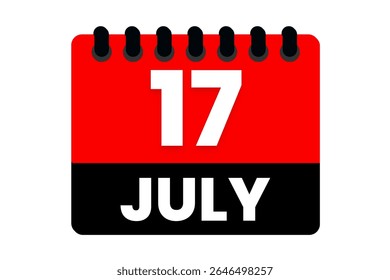 17 julho mês vetor dia único, ilustração, calendário com vermelho, preto e branco ícone de calendário de fundo de cor de julho 17
