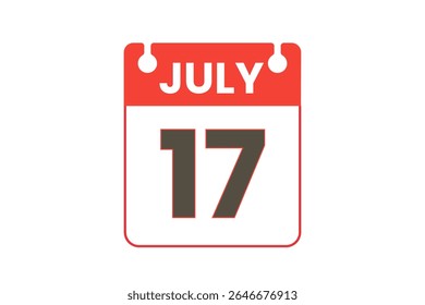 17 julho mês vetor dia único, ilustração, calendário com vermelho, preto e branco ícone de calendário de fundo de cor de julho 17