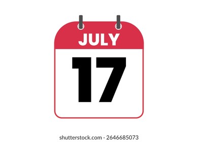 17 julho mês vetor dia único, ilustração, calendário com vermelho, preto e branco ícone de calendário de fundo de cor de julho 17