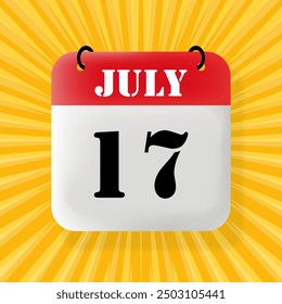 17 July. Speech bubble with calendar 2024, 2025. Year, month, day, week, time management. Planning concept. 3d illustration. Pop art style. Vector line icon for Business and Advertising