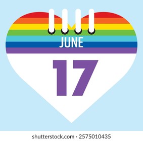 17 June calendar icon pride color heart shape on light sky blue color background, calendar vector symbol for the month of  June.