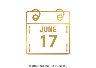 17 June calendar icon text page monthly web design on golden and white background vector, icon, or illustration with the month of June 17