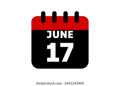 17 June calendar icon text page monthly web design on red, black and white background vector, icon, or illustration with the month of June 17