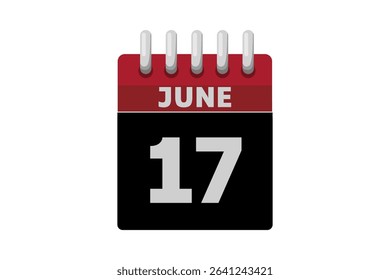 17 June calendar icon text page monthly web design on red, black and white background vector, icon, or illustration with the month of June 17
