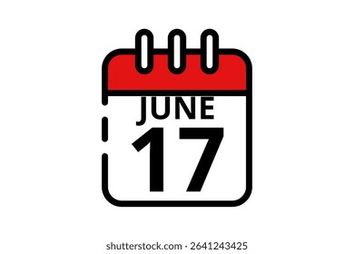 17 June calendar icon text page monthly web design on red, black and white background vector, icon, or illustration with the month of June 17