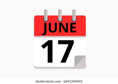 17 June calendar icon text page monthly web design on red, black and white background vector, icon, or illustration with the month of June 17