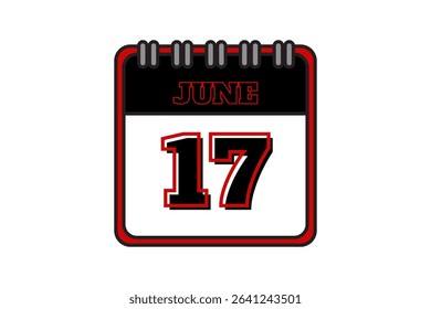 17 June calendar icon text page monthly web design on red, black and white background vector, icon, or illustration with the month of June 17