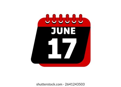 17 June calendar icon text page monthly web design on red, black and white background vector, icon, or illustration with the month of June 17
