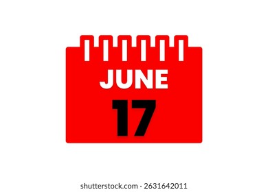 17 junho mês vetor dia único, ilustração, calendário com vermelho, preto e branco ícone de calendário de fundo de cor de 17 de junho