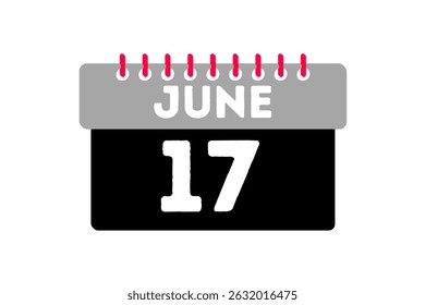 17 junho mês vetor dia único, ilustração, calendário com cinza, preto, vermelho e branco ícone de calendário de fundo de cor de 17 de junho