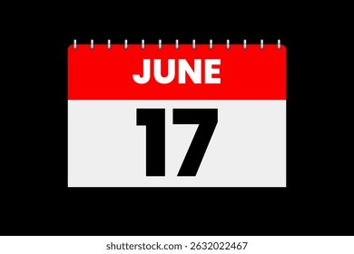17 junho mês vetor dia único, ilustração, calendário com vermelho, off-white e preto cor de fundo ícone do calendário de 17 de junho
