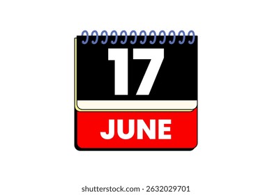 17 junho mês vetor dia único, ilustração, calendário com vermelho, preto e branco ícone de calendário de fundo de cor de 17 de junho