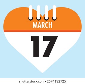 17 March calendar icon orange heart shape on light sky blue color background, calendar vector symbol for the month of March.