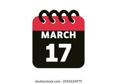17 March calendar icon text page monthly web design on red, black and white background vector, icon, or illustration with the month of March 17