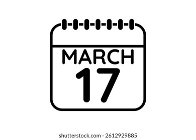 17 March calendar icon text page monthly web design on black and white background vector, icon, or illustration with the month of March 17