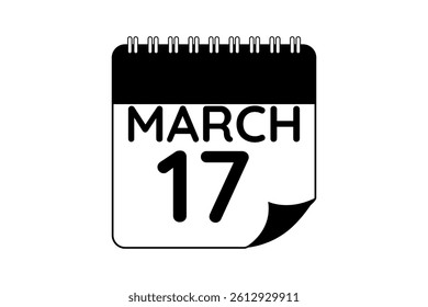 17 March calendar icon text page monthly web design on black and white background vector, icon, or illustration with the month of March 17