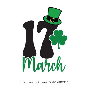 17 March - Happy St. Patrick typography T-shirt vector, Saint Patrick's Day gnome Illustration Design, lucky shamrock Clipart